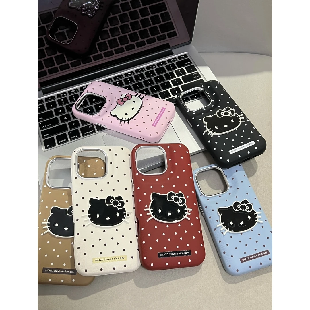 秋冬皮纹ins风波点kitty简约防摔适用苹果手机壳iPhone16/15/14硬