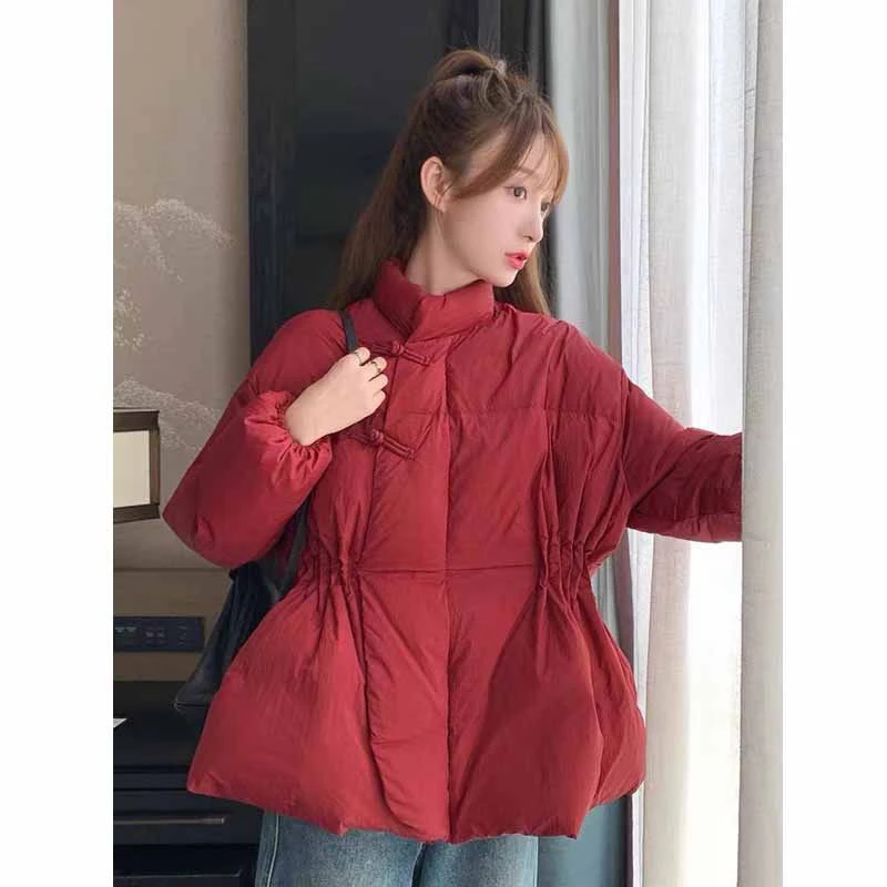 立领棉服棉服女2023冬季新款高级感气质收腰盘扣新年战衣外套