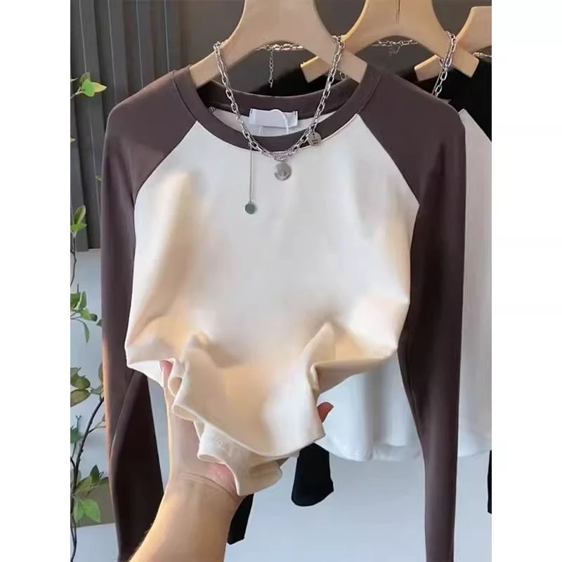 插肩撞色百搭慵懒加绒打底衫女内搭一体绒加厚爆款长袖t恤上衣冬