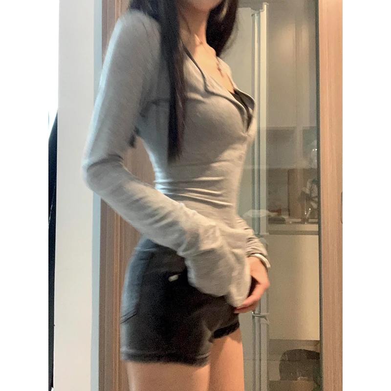 纯欲v领长袖t恤女2024春秋季薄款辣妹性感修身显瘦内搭打底衫上衣