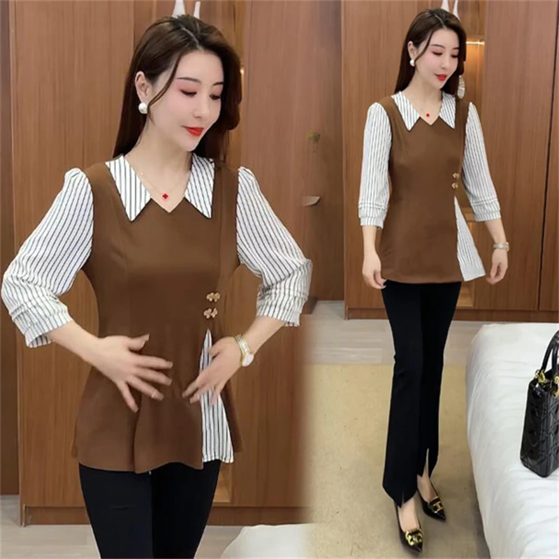 百搭洋气衬衣女2025夏季新款宽松遮肚显瘦韩式休闲潮七分袖假两件