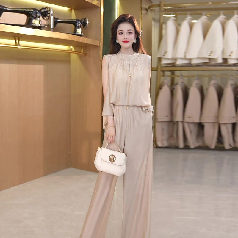 高端女神范时尚套装女2025夏季气质无袖上衣高腰显瘦阔腿裤两件套
