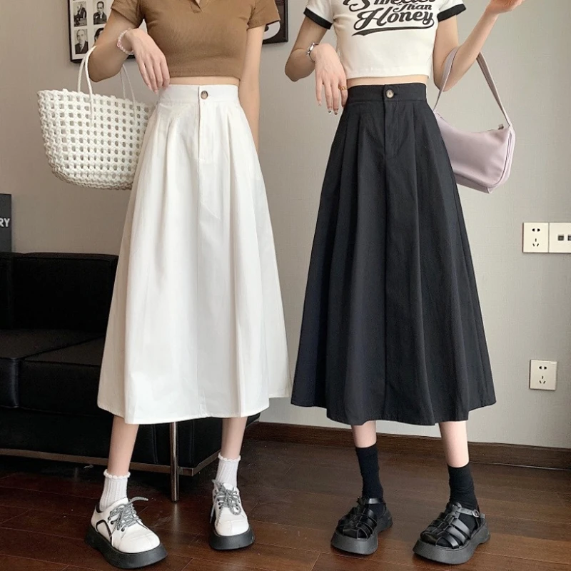 夏季薄款白色半裙高腰宽松韩版a字裙子女夏显瘦半身裙中长款伞裙