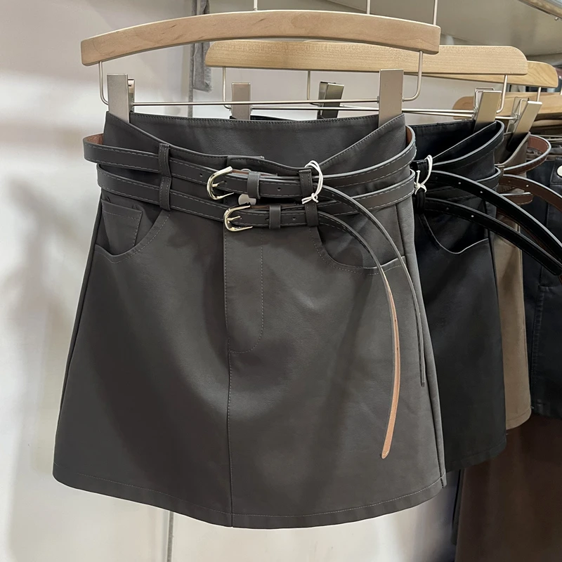 双腰带皮裙女半身裙秋冬2023新款防走光裙裤黑色高腰a字包臀短裙