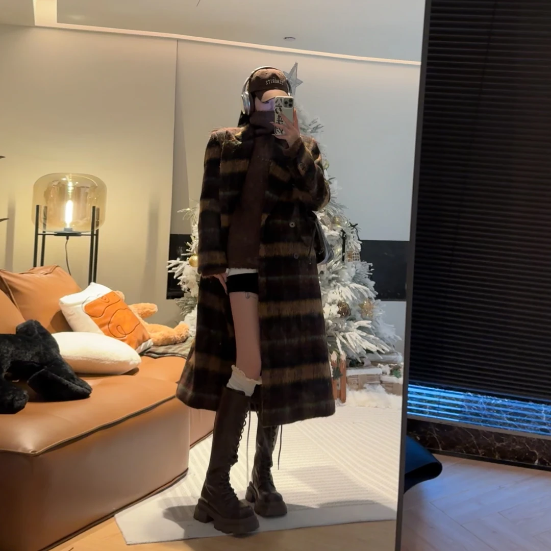 孙妍新款【柏林咖格】复古韩系气质中长款格子呢大衣女2023新款冬季