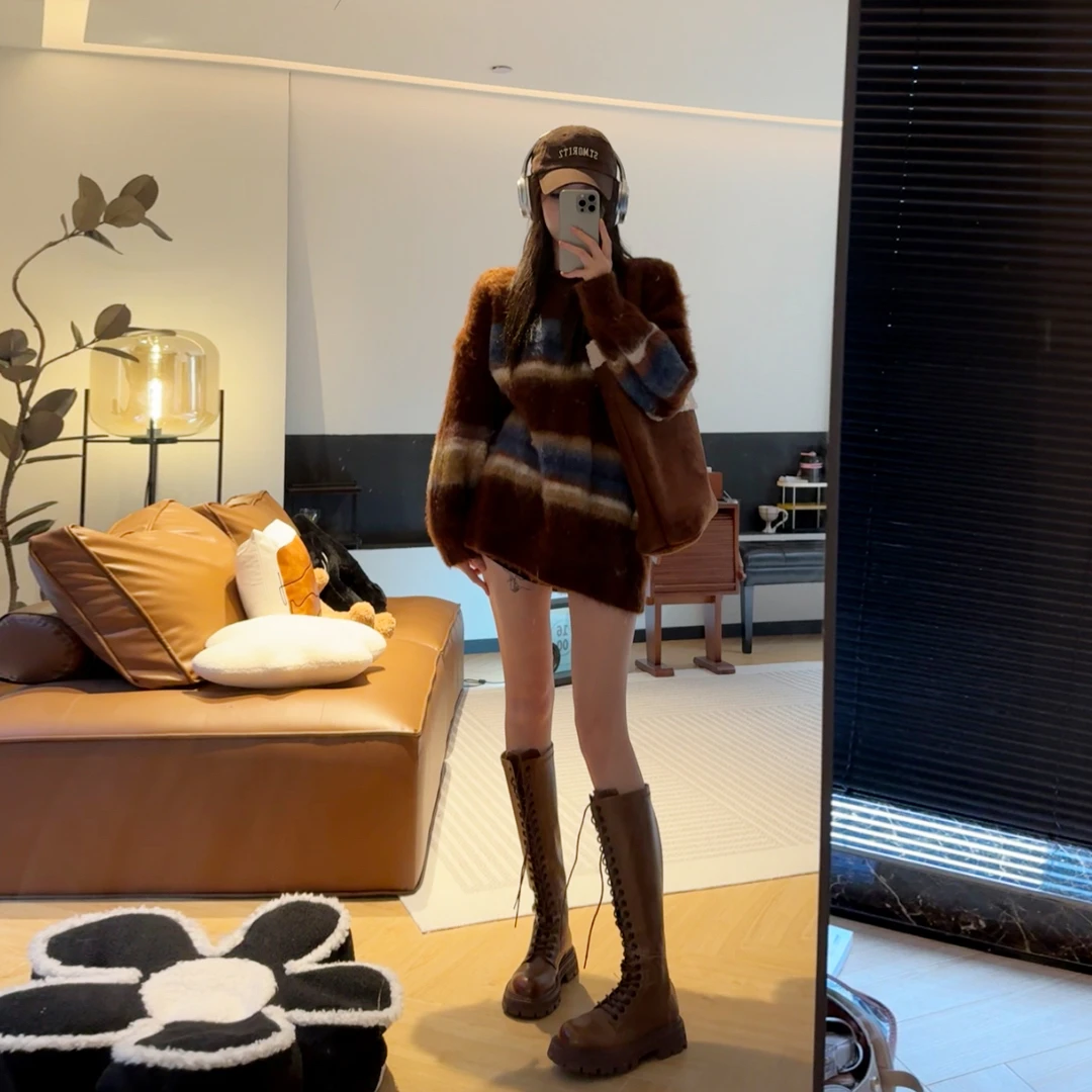 孙妍新款【油画调色】复古软糯氛围感条纹套头慵懒风宽松毛衣女新款