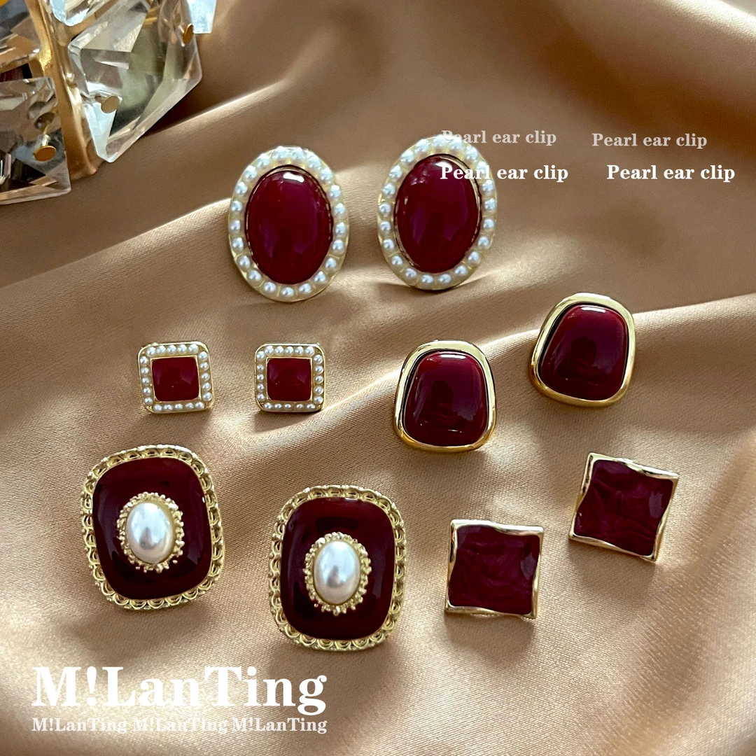 复古港风酒红色气质无耳洞耳夹高级感轻奢秋冬耳饰圣诞新年氛围感