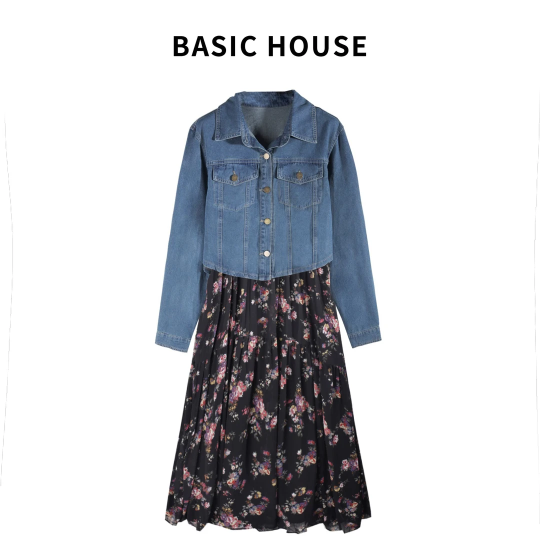 Basic House/百家好时尚休闲牛仔套装碎花吊带裙甜美显瘦连衣裙女