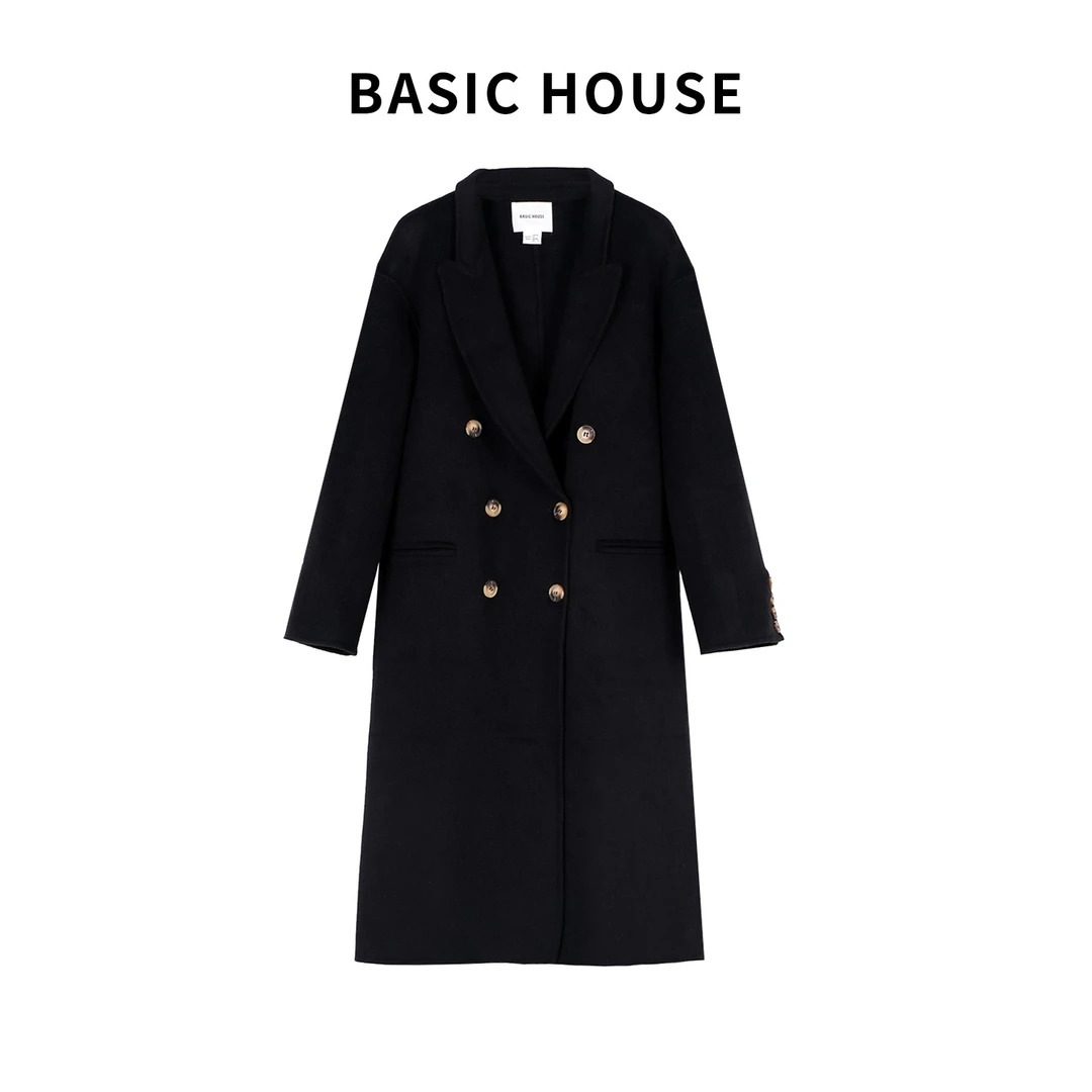 Basic House/百家好优雅羊毛大衣女灰色中长款双排扣毛呢外套74B2