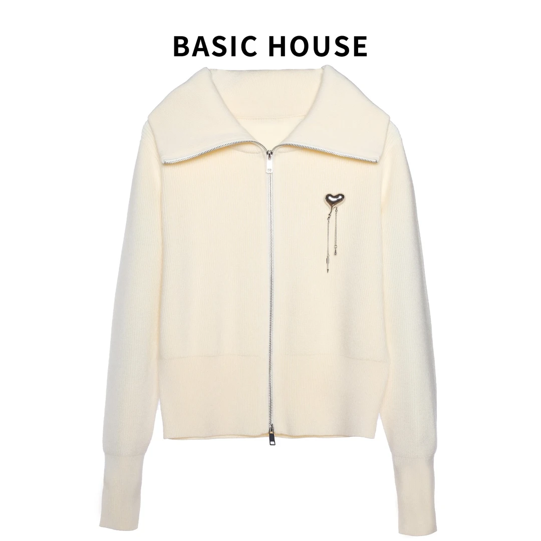 Basic House/百家好大翻领开衫女针织外套显瘦双头拉链上衣LX72