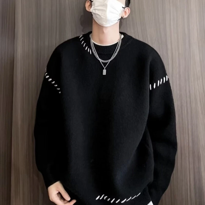 韩版宽松明线设计圆领毛衣男秋冬款新款慵懒风保暖休闲百搭针织衫