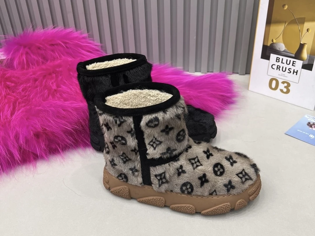 冬季新款水貂毛毛防滑雪地加厚短筒厚底保暖加绒棉鞋女百搭时尚