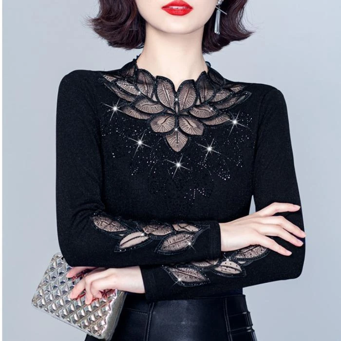 保暖内衣女加厚加绒衫秋冬季半高领时尚内搭妈妈洋气蕾丝上衣打底