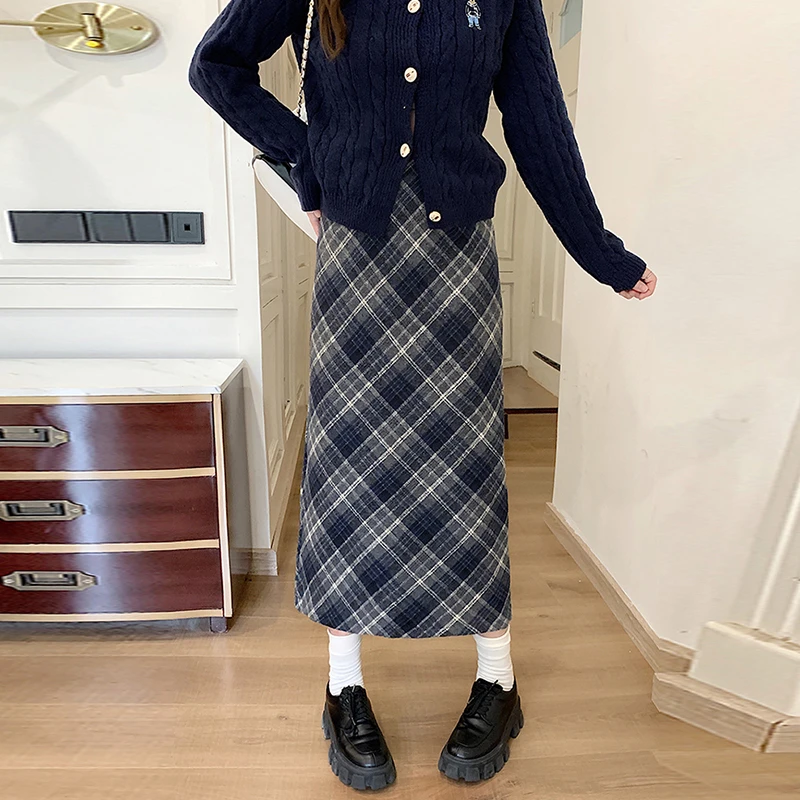 毛呢气质显瘦中长款复古格子半身裙女装春秋新款高腰时尚百搭长裙