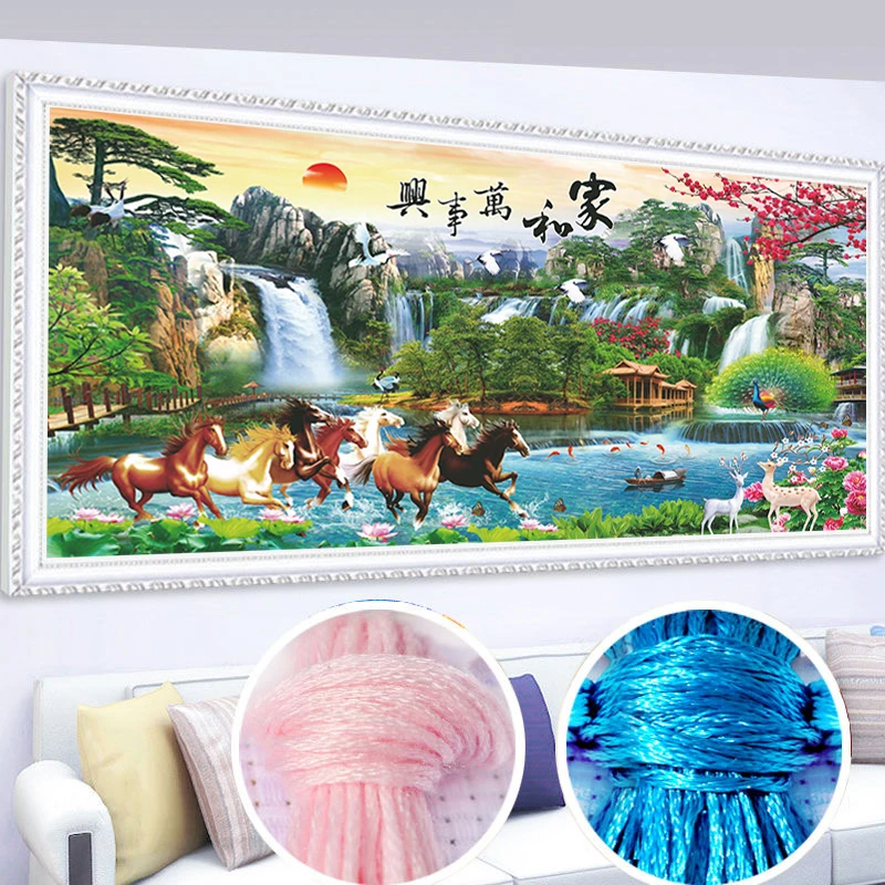 马到成功十字绣线绣2023新款客厅家和万事兴八骏图手工自己绣风景