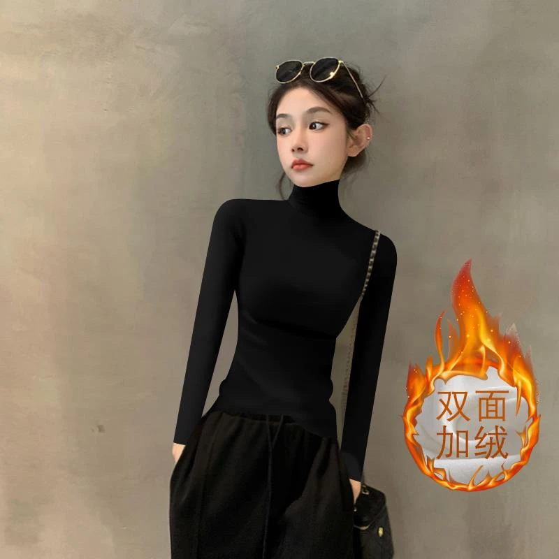 HTKD2025新款秋冬黑色高领长袖打底衫女双面德绒保暖磨毛内搭显瘦