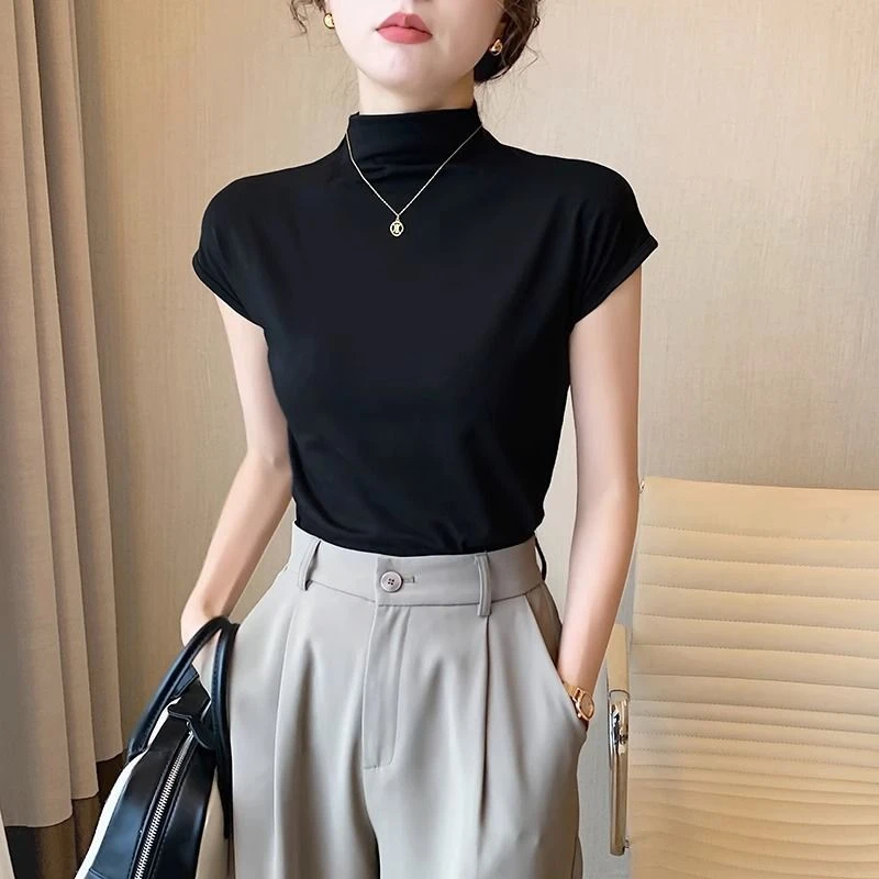 HTKD黑色立领半高领短袖t恤女夏 2025新款棉质紧身内搭打底衫半袖