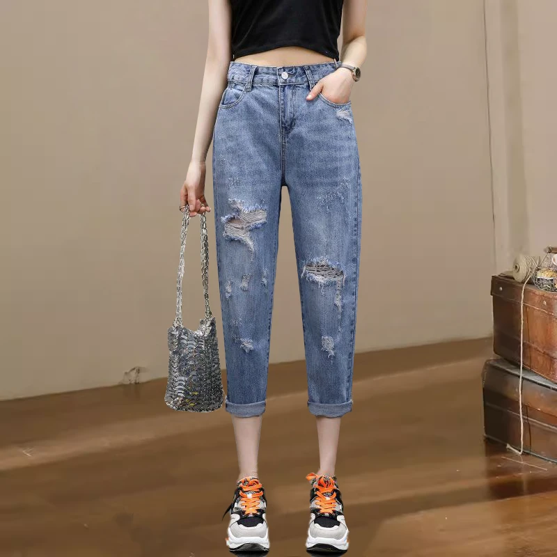 破洞女士牛仔裤哈伦裤秋季新款显瘦直筒百搭宽松小个子九分老爹裤