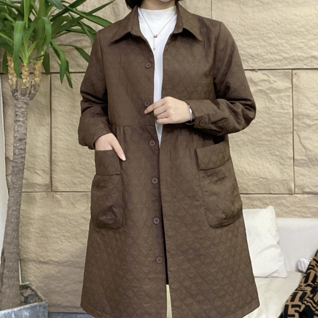 春秋新款衬衫领风衣外套双层带里衬大口袋中长款妈妈装外套宽松