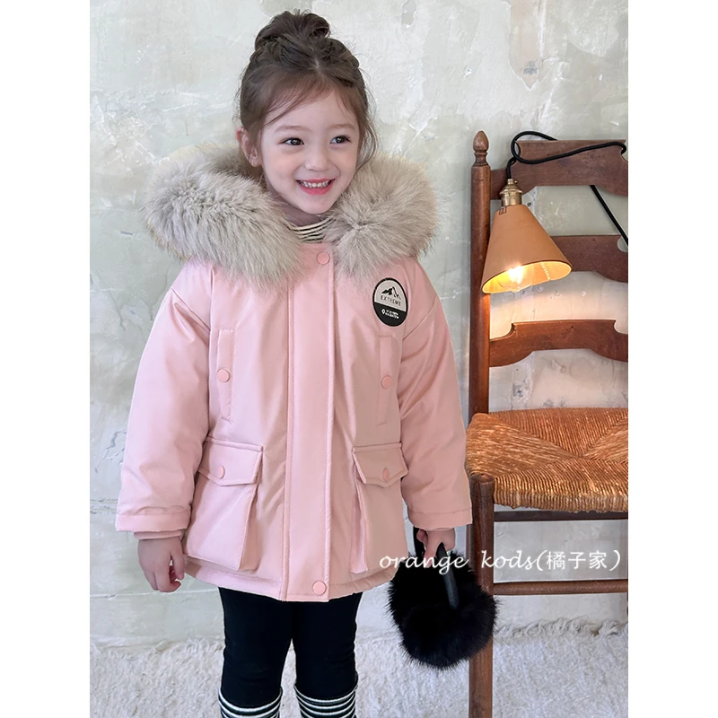 orangekids女童连帽贴标风衣外套2024秋冬新款HS55051