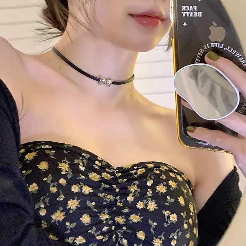 合金项链 【蜜桃茶轻奢黑色蝴蝶结choker锁骨链女高级感脖颈链项链