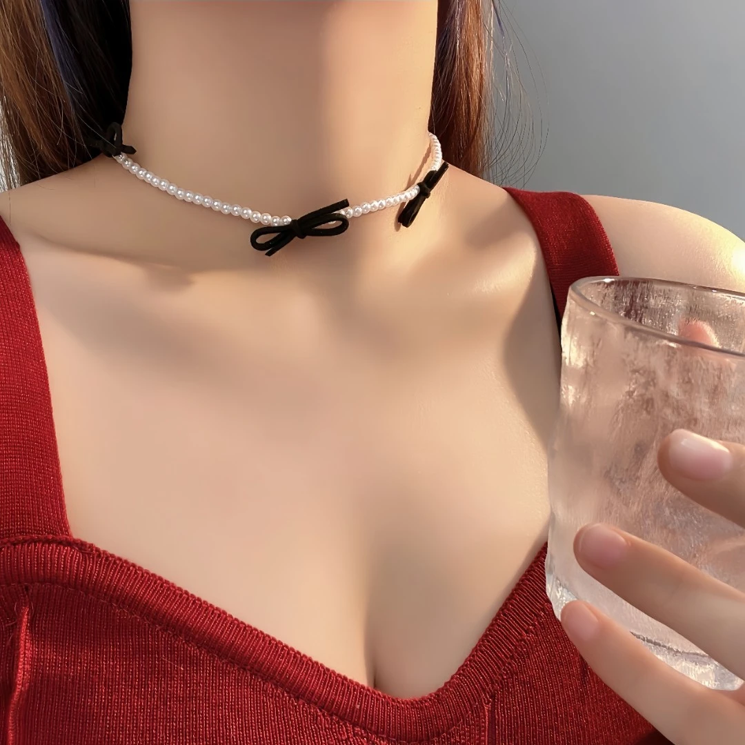 非金属布艺项链 韩国东大门REINA串珠丝带手工蝴蝶结项链锁骨链