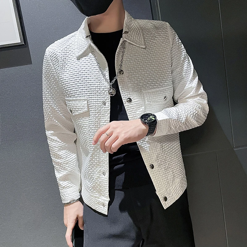 秋季翻领薄款夹克上衣男士社会痞帅修身百搭长袖潮牌华夫格外套
