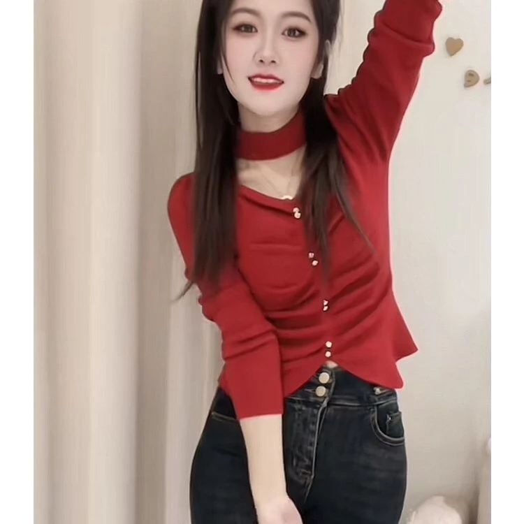 感挂脖V领显瘦打底针织衫女今年流行森女系秋冬季气质上衣女士