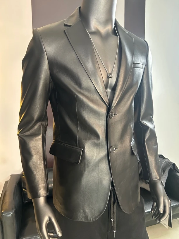 LANDI真皮西装男修身帅气绵羊皮真皮皮衣外套