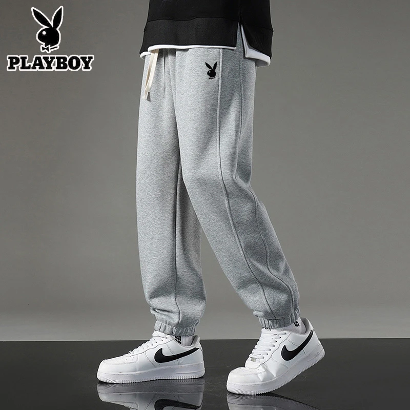 花花公子春季灰色卫裤修身青少年裤子2024新款潮流男束脚男生长裤