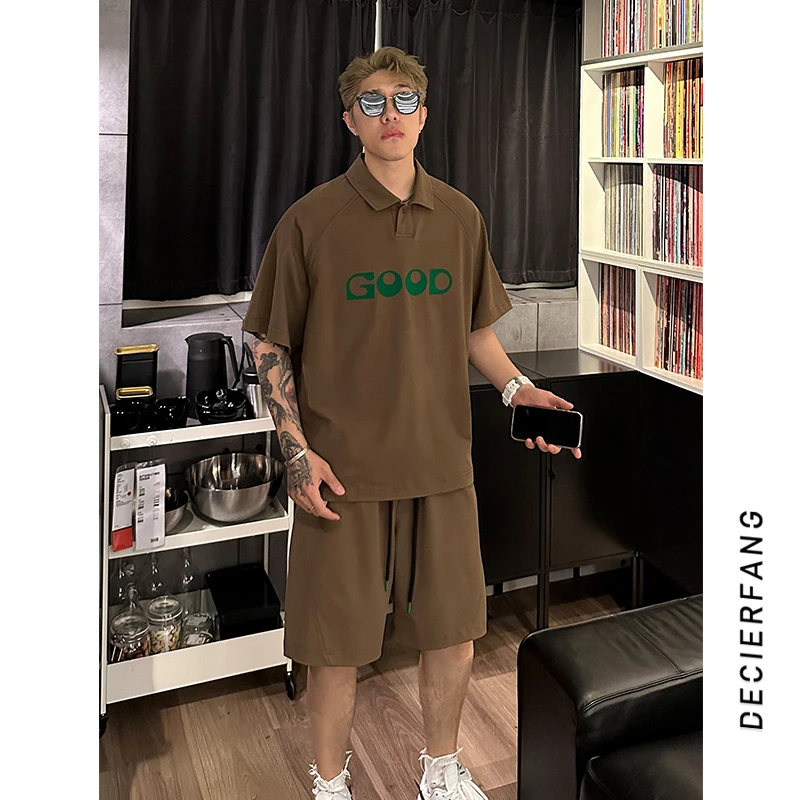 01-8001翻领运动服套装男夏季2023新款男士短袖T恤搭配短裤潮流