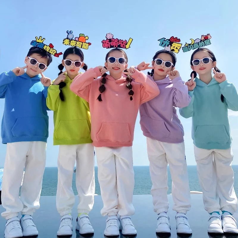 儿童糖果色彩色卫衣连帽加绒亲子装运动会演出服幼儿园小学生班服