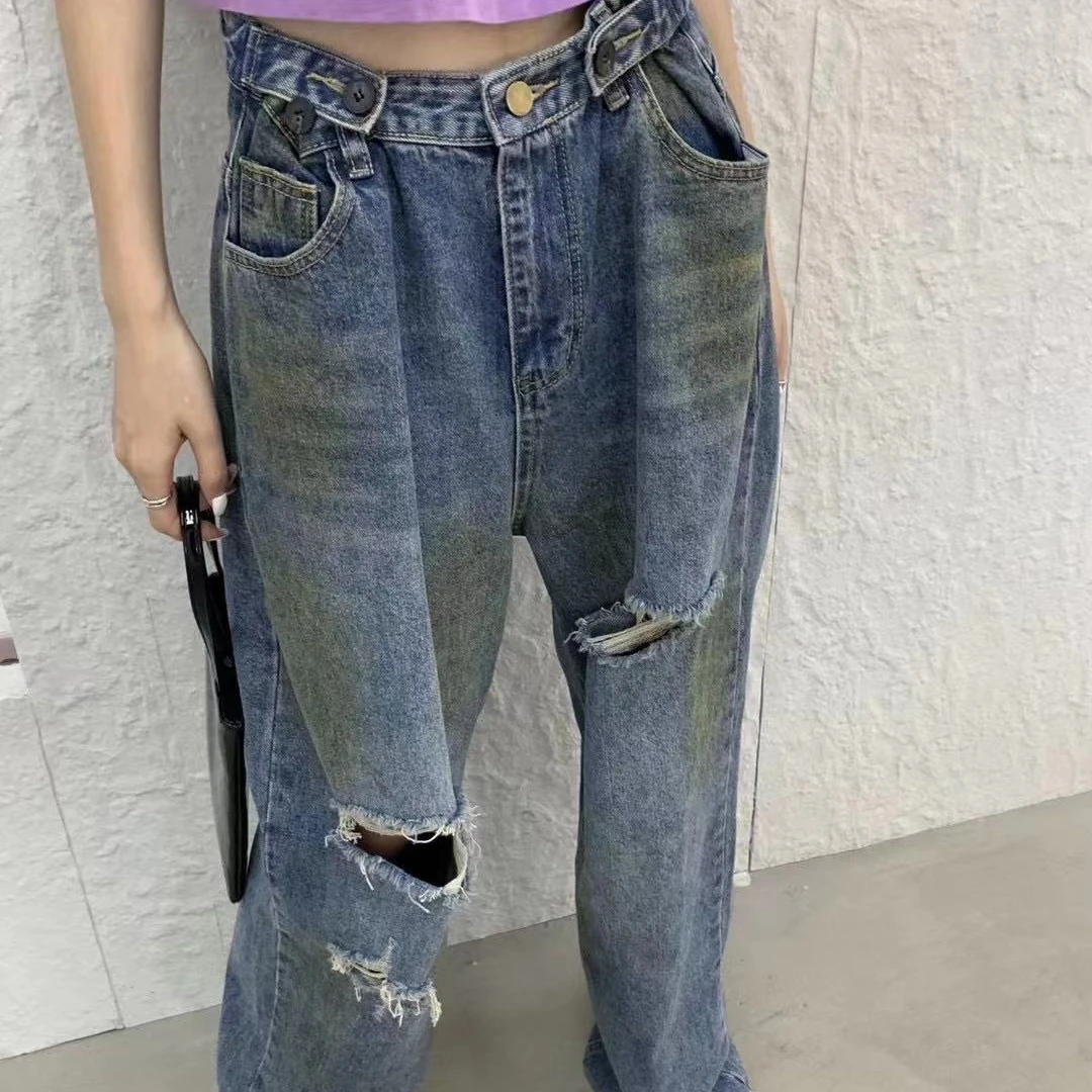 2026秋重工洗水大油渍破洞牛仔裤老爹裤腰部可调80斤穿到135斤