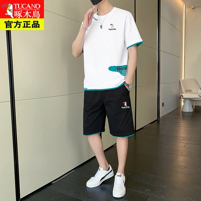 啄木鸟男士纯棉韩版运动套装夏季休闲时尚套装百搭宽松套装潮流