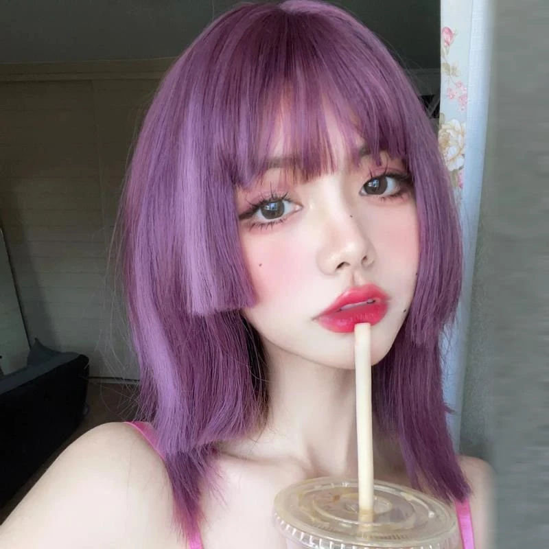 假发女夏中长发锁骨发漫画薄藤紫圆脸修脸公主切姬发式齐浏海假发