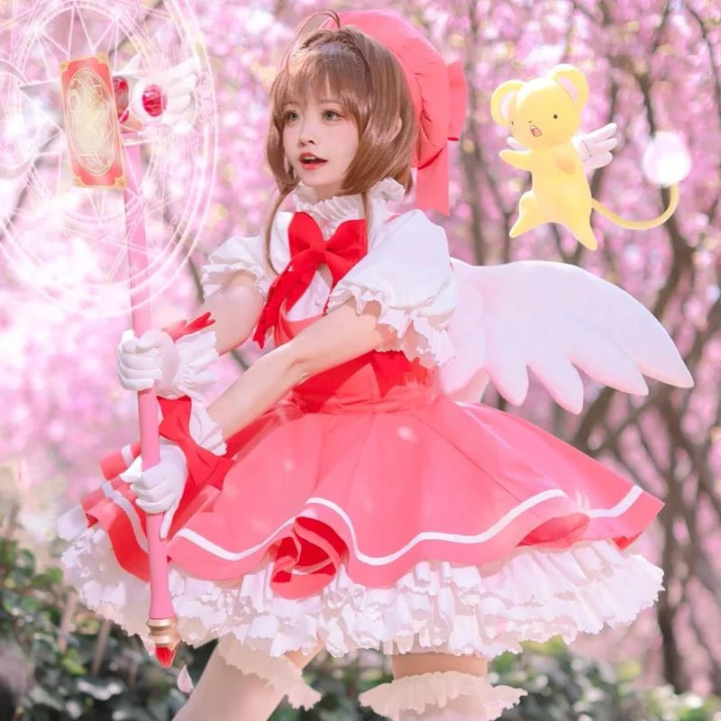 百变小樱cos服假发魔法少女魔卡红白战斗服翅膀cosplay女装儿童