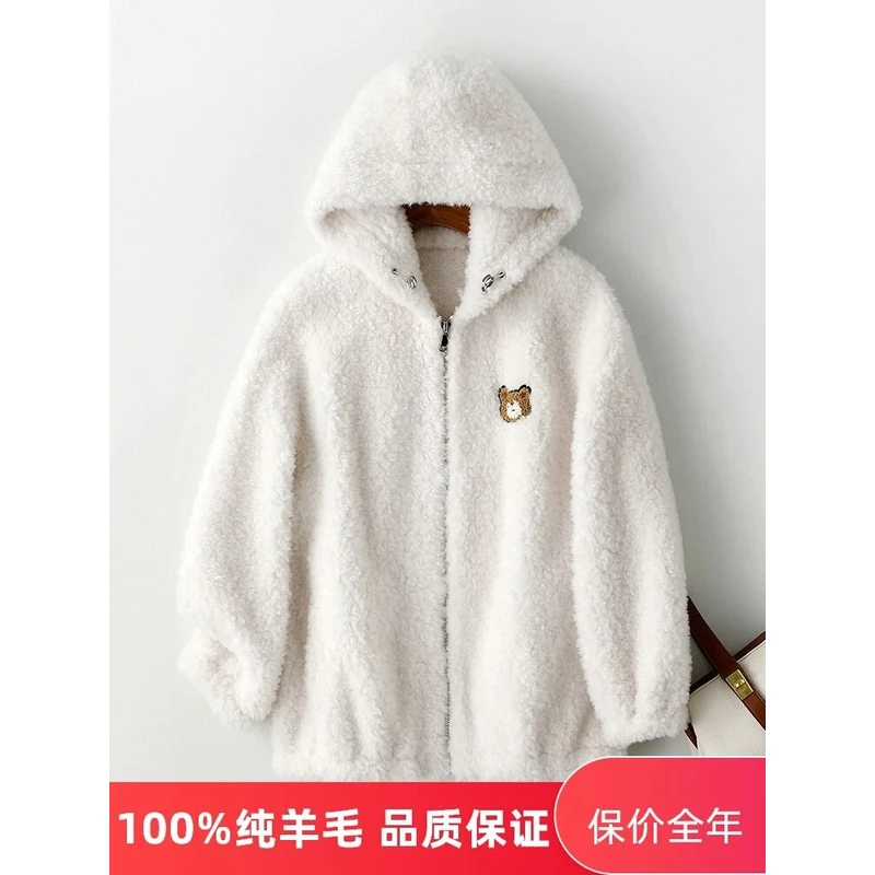 美拉德全羊毛羊剪绒大衣女短款连帽海宁皮毛一体羊羔毛