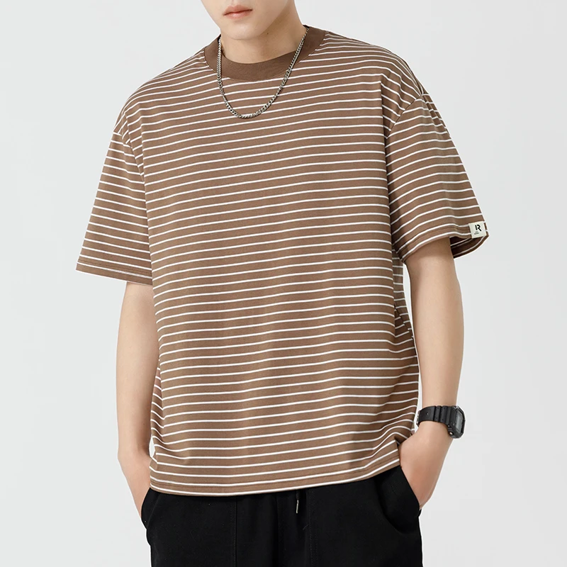 条纹圆领T恤男2024夏季新款条纹短袖t恤潮流美式休闲上衣