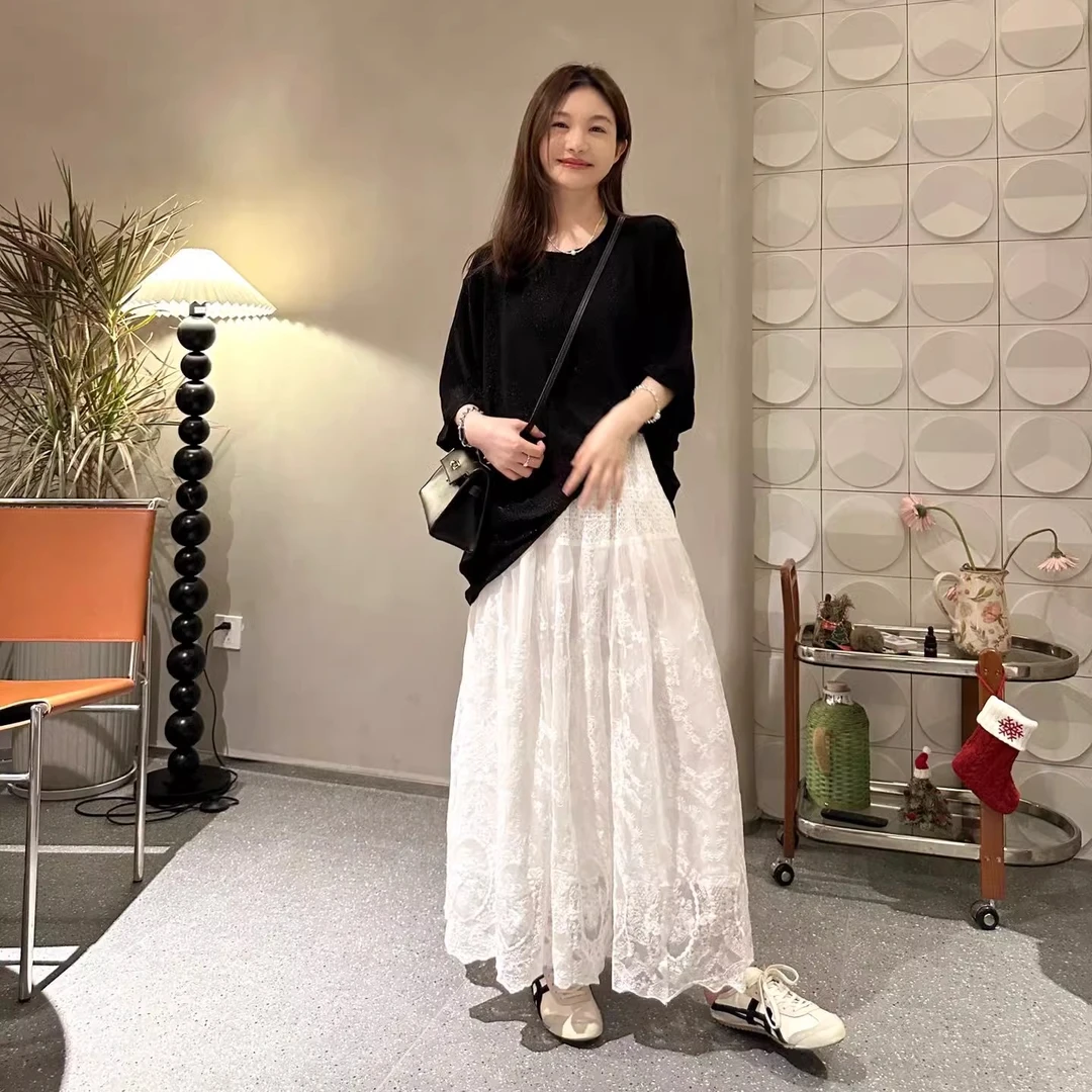 白色气质蕾丝半身裙T恤拼接时尚百搭夏季高腰宫廷显瘦小众A字裙