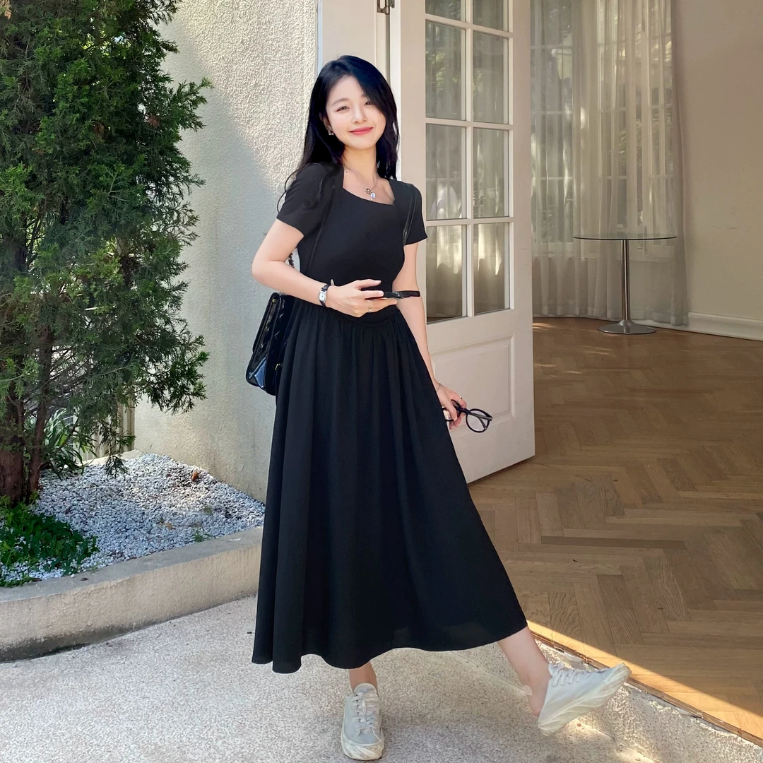 小个子连衣裙女法式方领高级感茶歇小黑裙收腰显瘦夏季棉质长裙子