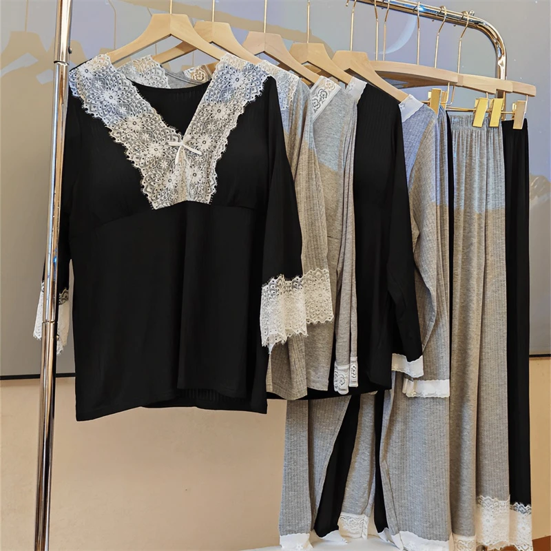 带胸垫蕾丝睡衣女套装莫代尔秋冬气质女士加大码宽松家居服可外穿