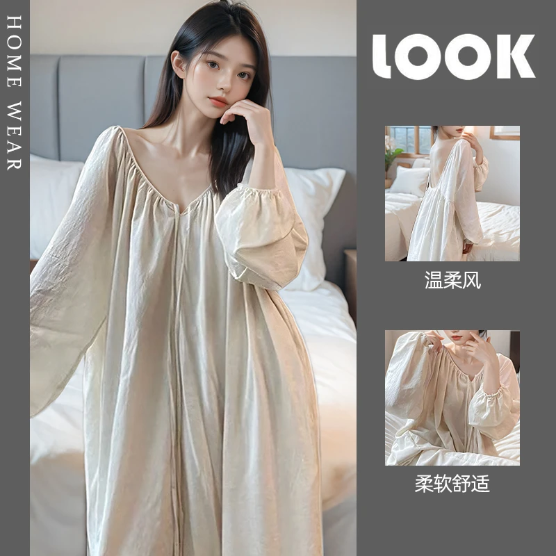 ins韩版温柔风白色长袖睡裙女款春秋季纯欲露背可外穿连衣裙睡衣