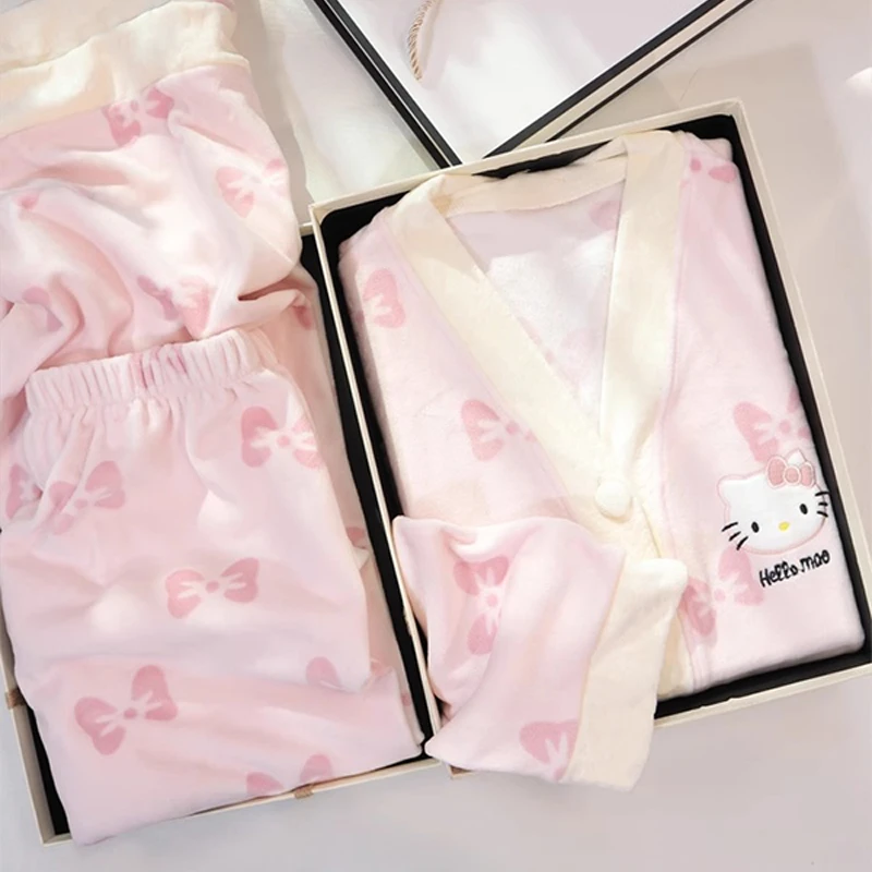 HelloKitty睡衣女冬款德绒开衫V领长袖甜美可爱卡通蝴蝶结家居服