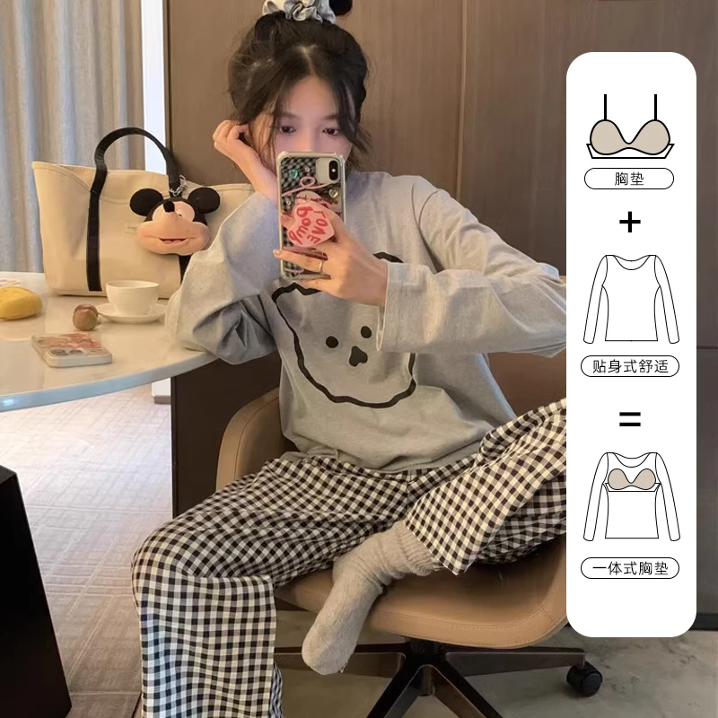 加大码带胸垫睡衣女春秋季韩版格子小熊一体式可外穿防凸点家居服