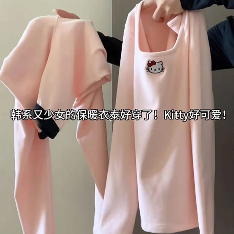 德绒内衣睡衣女秋冬季长袖卡通撞色边加绒保暖打底衫家居服秋衣裤