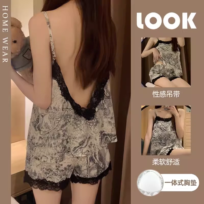 美背睡衣女夏季纯欲风薄款蕾丝网红吊带短裤家居服水墨画露背套装