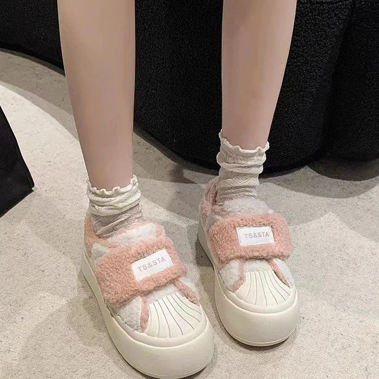 可爱面包鞋女2024新款冬季加绒保暖毛毛棉鞋厚底增高运动小白板鞋