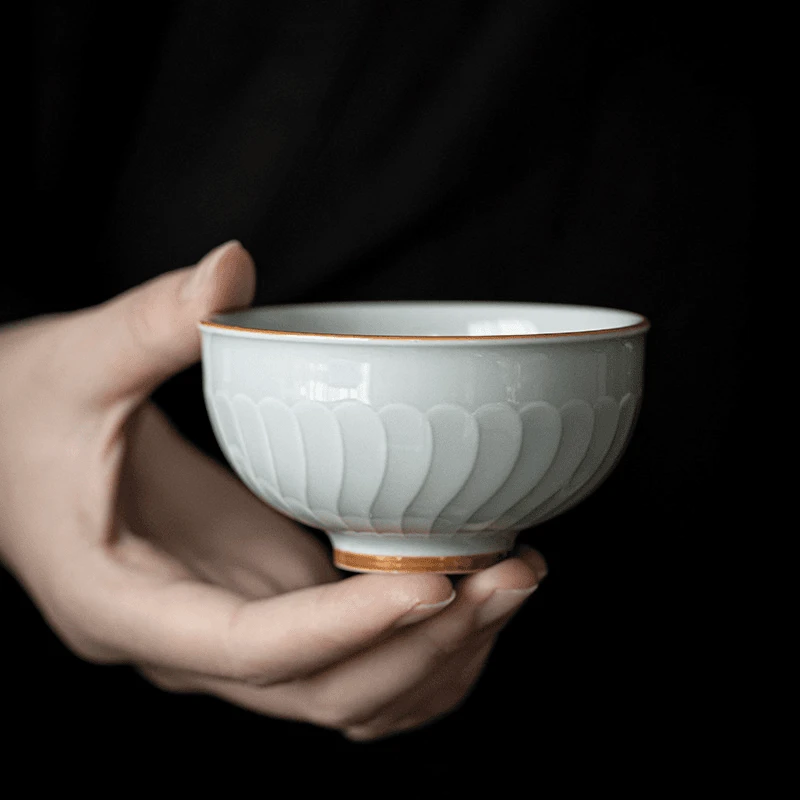 高档仿古泥浮雕莲花主人杯功夫茶具男女单杯陶瓷复古茶杯品茗杯