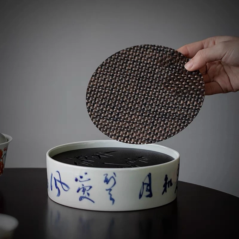 复古诗文干泡盘壶承茶壶家用圆形小型白瓷干泡台功夫茶具茶台养壶