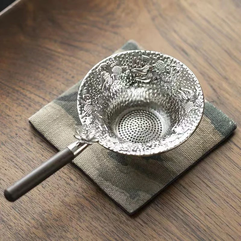 高档复古个性茶漏过滤器银色锡制锦鲤茶漏茶滤茶叶茶隔茶具滤茶器